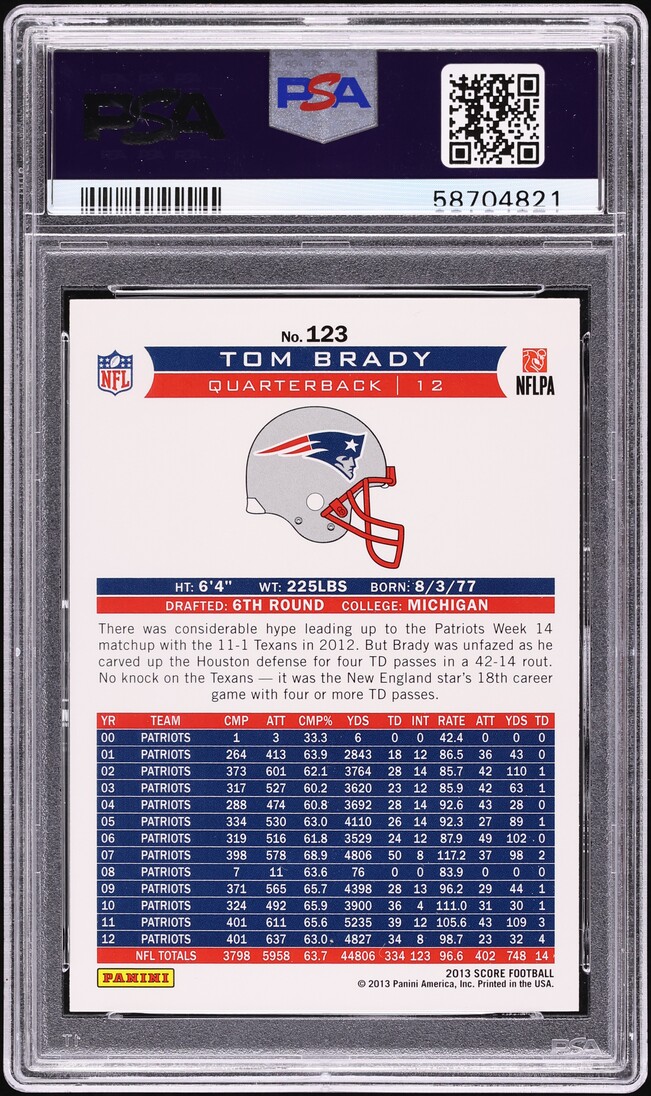 2013 Score Football Tom Brady #123 PSA 10 GEM MINT