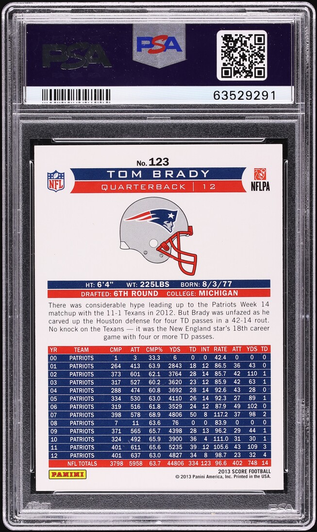 2013 Score Football Tom Brady #123 PSA 10 GEM MINT
