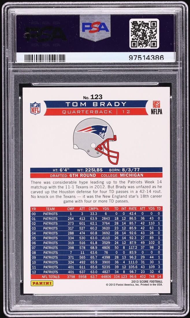 2013 Score Football Tom Brady #123 PSA 10 GEM MINT