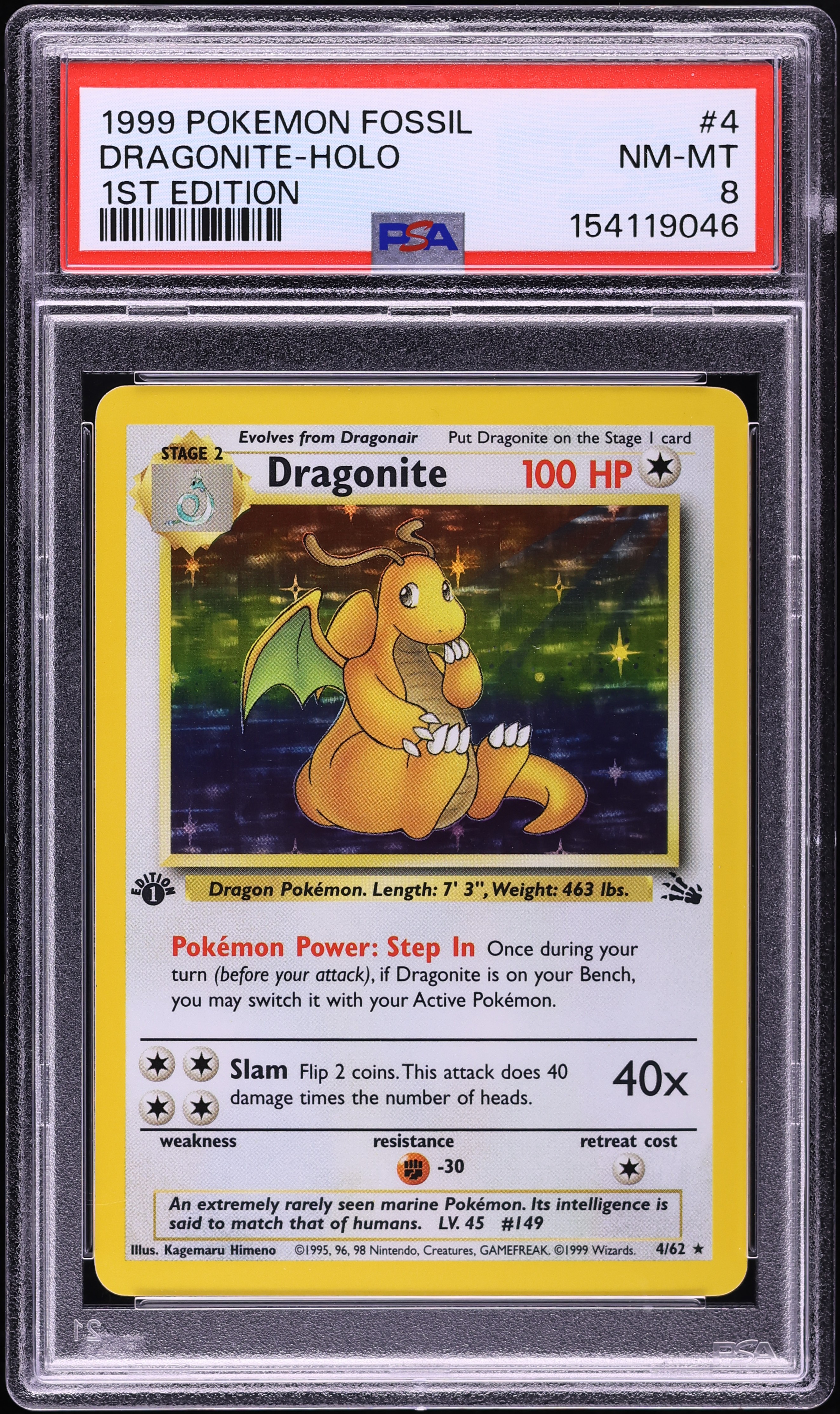 1999 Pokemon Fossil 1st Edition Holo Dragonite #4 PSA 8 NM-MT