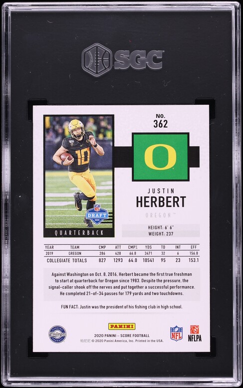 2020 Score Football Justin Herbert ROOKIE #362 SGC 10 GEM MINT