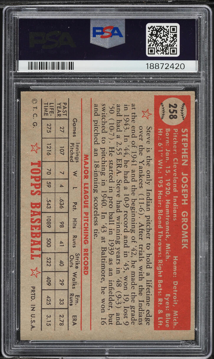1952 Topps Steve Gromek #258 PSA 7 NRMT