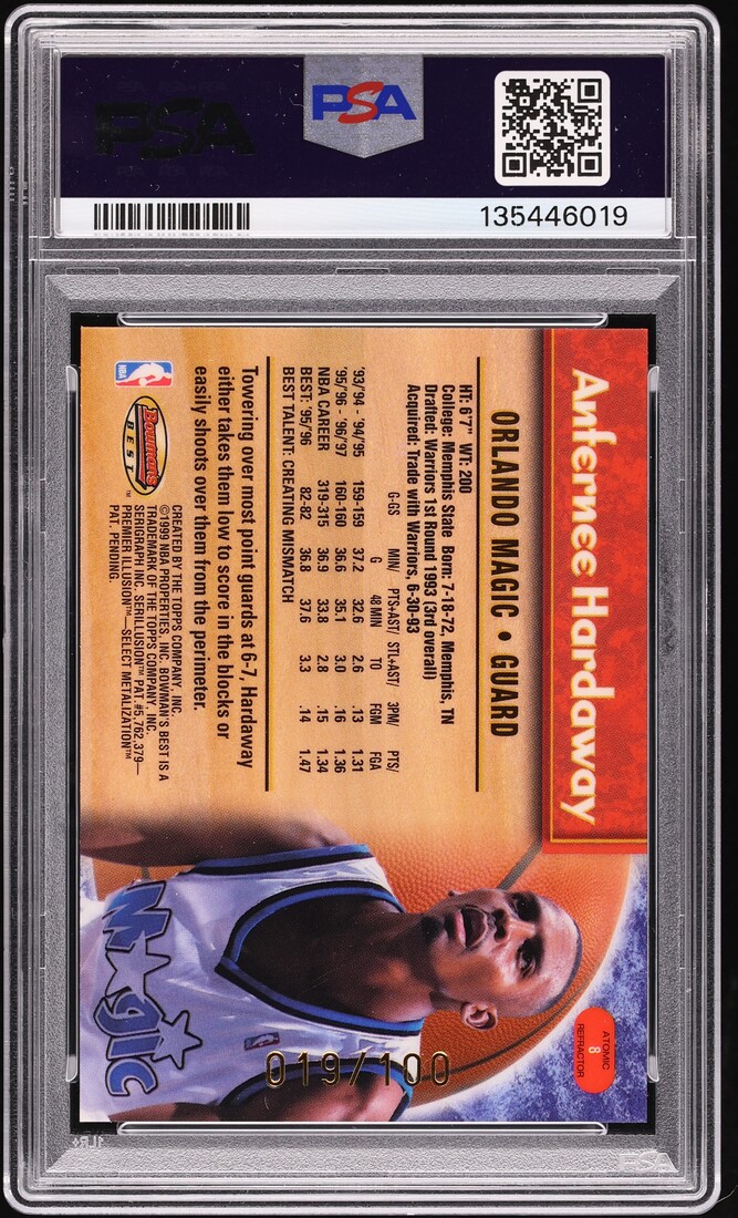 1998 Bowman's Best Atomic Refractor Anfernee Hardaway /100 #8 PSA 9 MINT - Photo 2