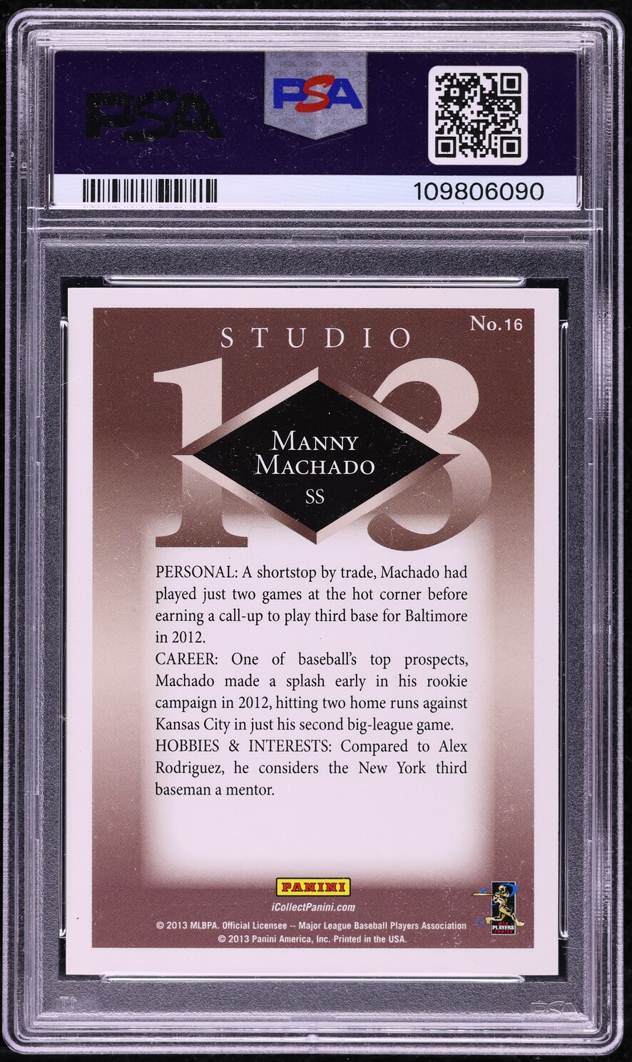 2013 Panini Father's Day Studio Manny Machado ROOKIE #16 PSA 8 NM-MT