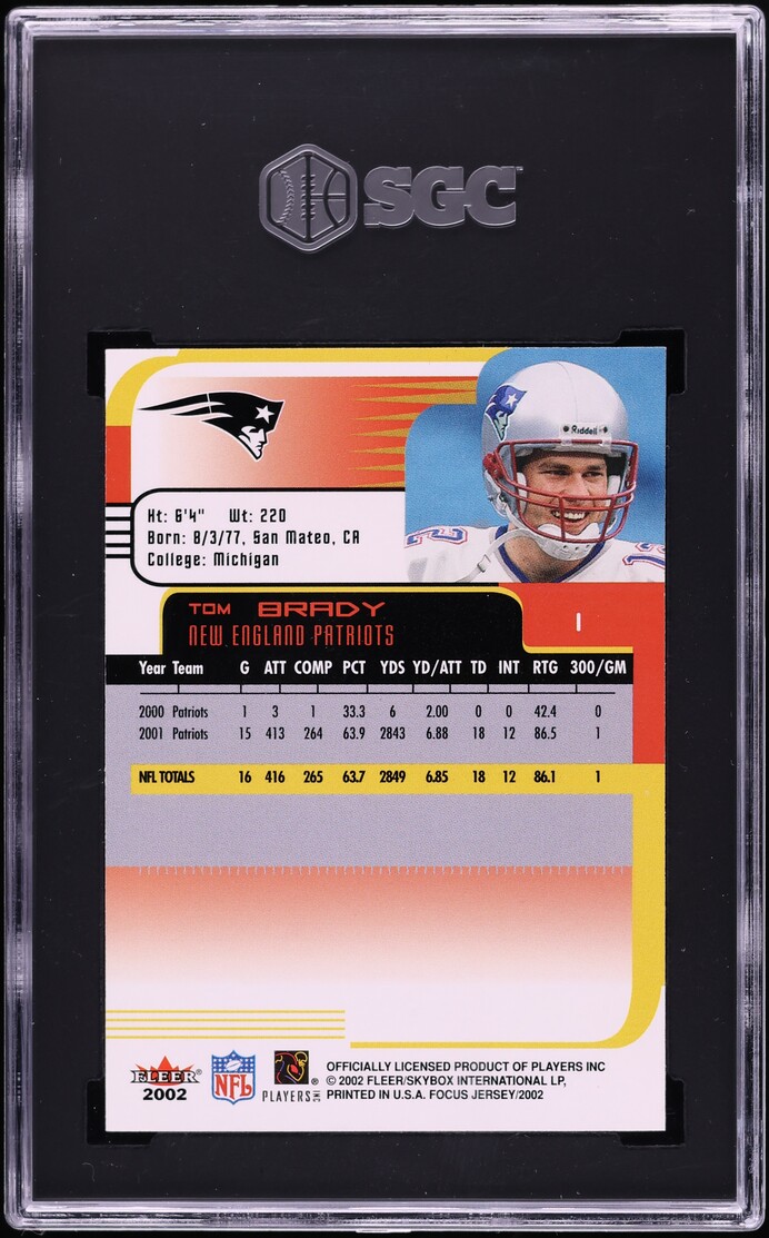 2002 Fleer Focus Jersey Edition Tom Brady #1 SGC 9.5 MINT+
