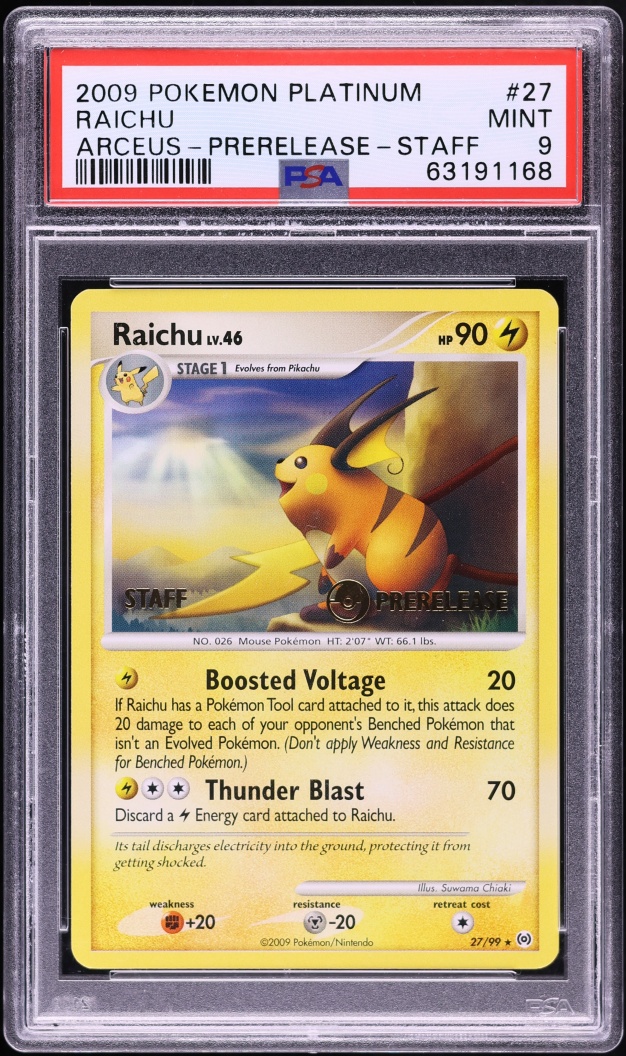 2009 Pokemon Platinum Arceus Prerelease Staff Raichu #27 PSA 9 MINT