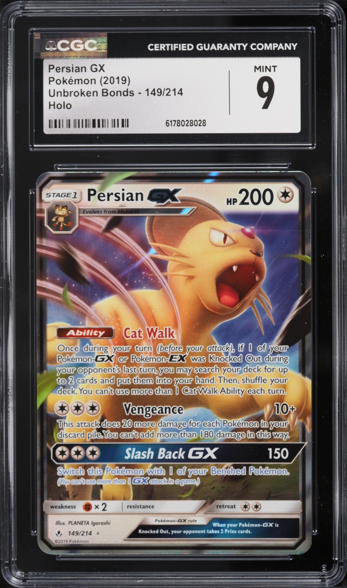 2019 Pokemon Sun & Moon Unbroken Bonds Holo Persian GX #149 CGC 9 MINT
