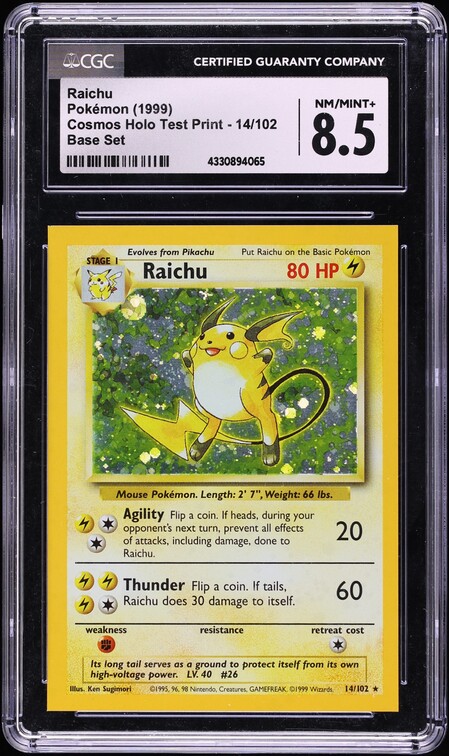 1999 Pokemon Base Set Cosmos Holo Test Print Raichu #14 CGC 8.5 NM-MT+