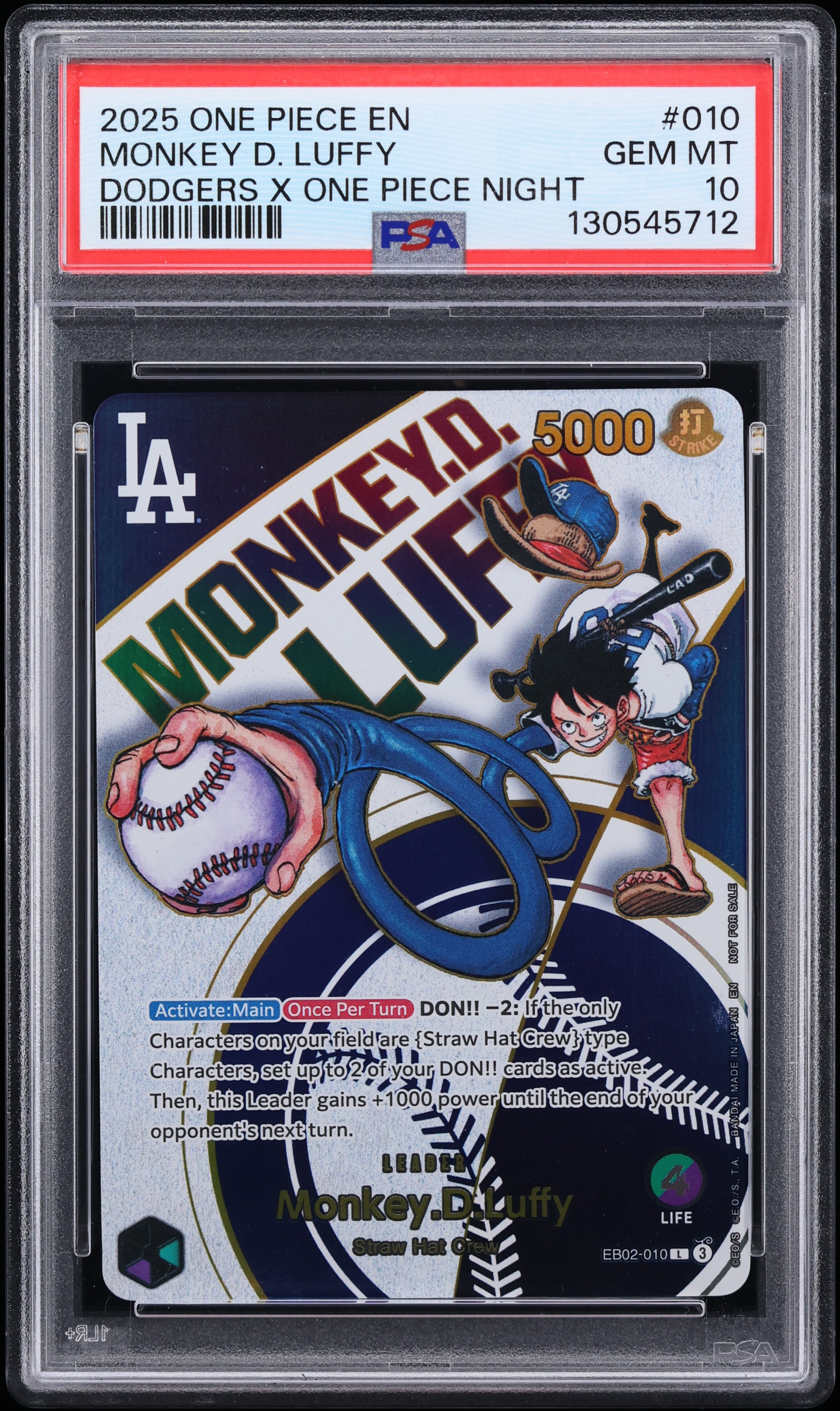 2025 One Piece Promo Dodgers X Night Alt Art Leader Monkey D. Luffy #EB02-010 PSA 10 GEM MINT