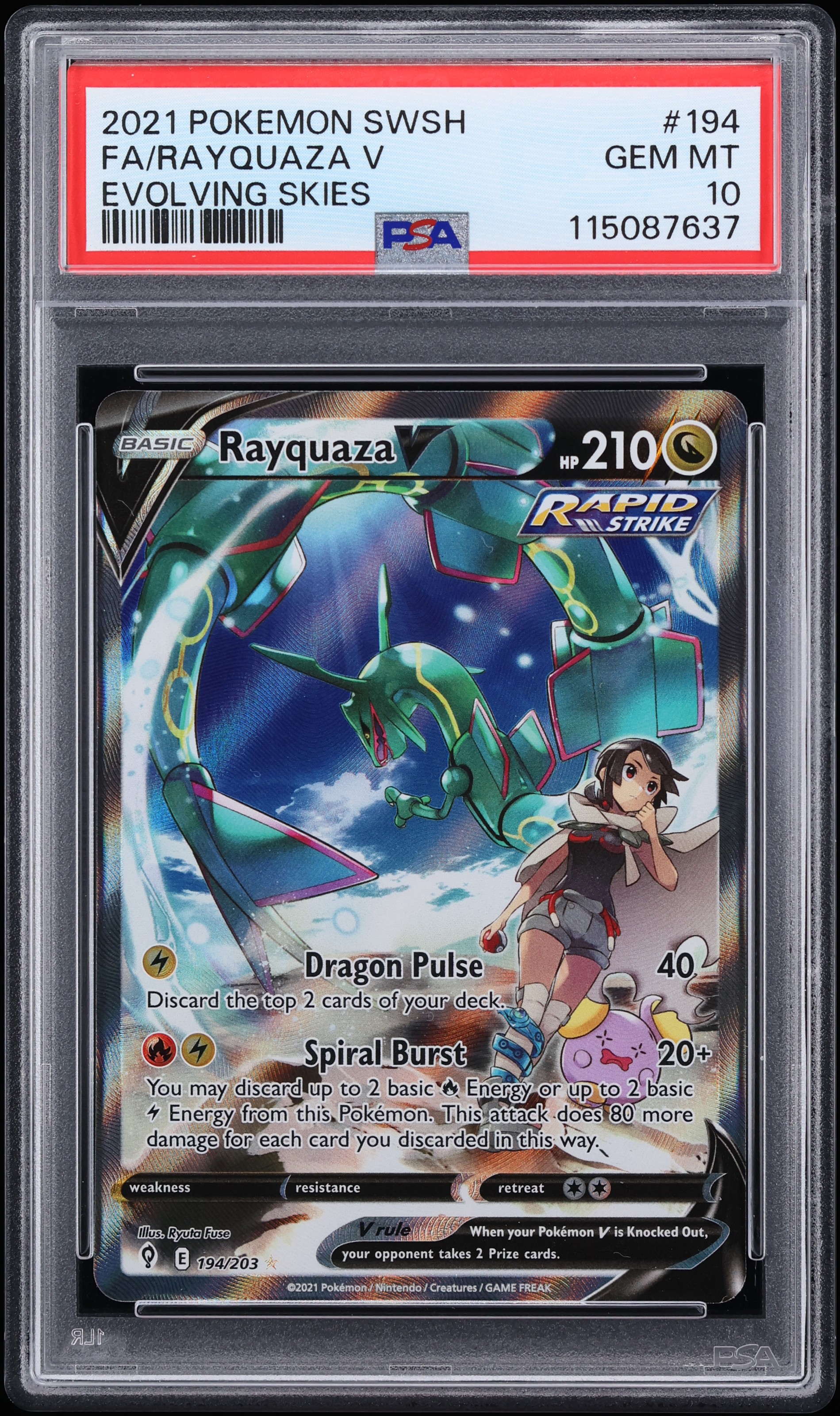 2021 Pokemon Sword & Shield Evolving Skies Full Art Rayquaza V #194 PSA 10 GEM MINT