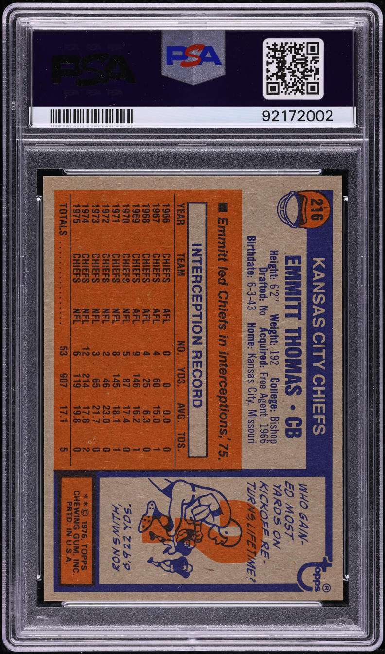 1976 Topps Football Emmitt Thomas #216 PSA 10 GEM MINT