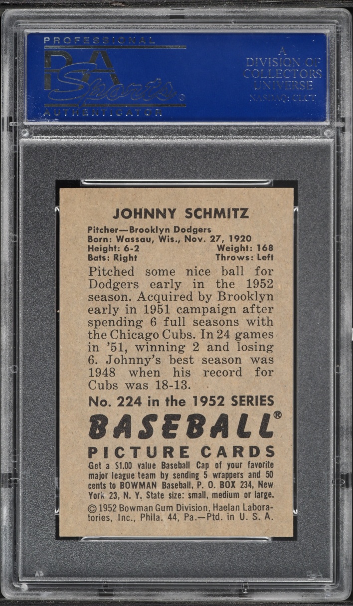1952 Bowman Johnny Schmitz #224 PSA 7 NRMT