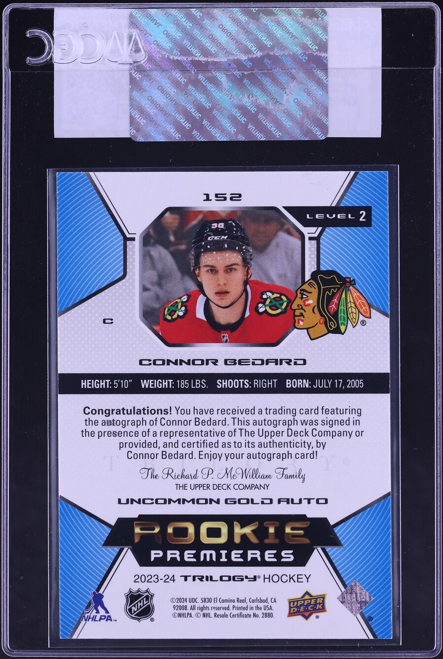 2023 Upper Deck Trilogy Gold Connor Bedard ROOKIE AUTO /49 #152 CGC AUTH