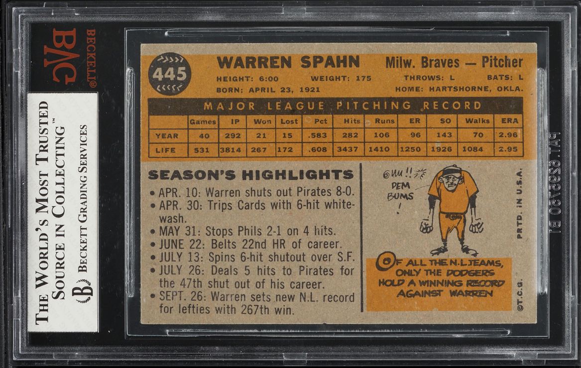 1960 Topps Warren Spahn #445 BVG 4.5 VGEX+