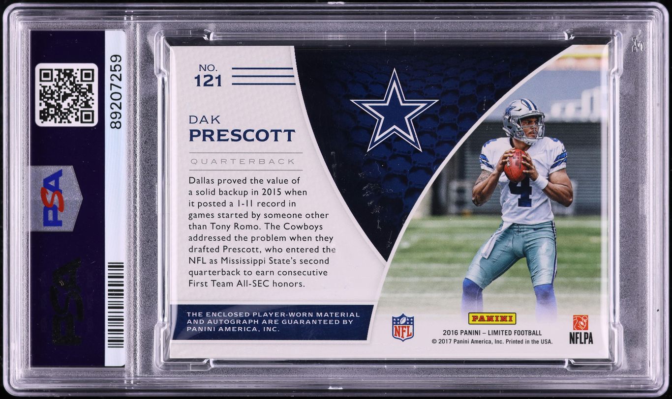 2016 Panini Limited Dak Prescott ROOKIE PATCH AUTO /299 #121 PSA 8 NM-MT