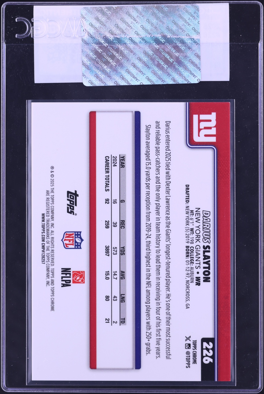 2025 Topps Chrome Red Geometric Refractor Darius Slayton /5 #226 CGC AUTH