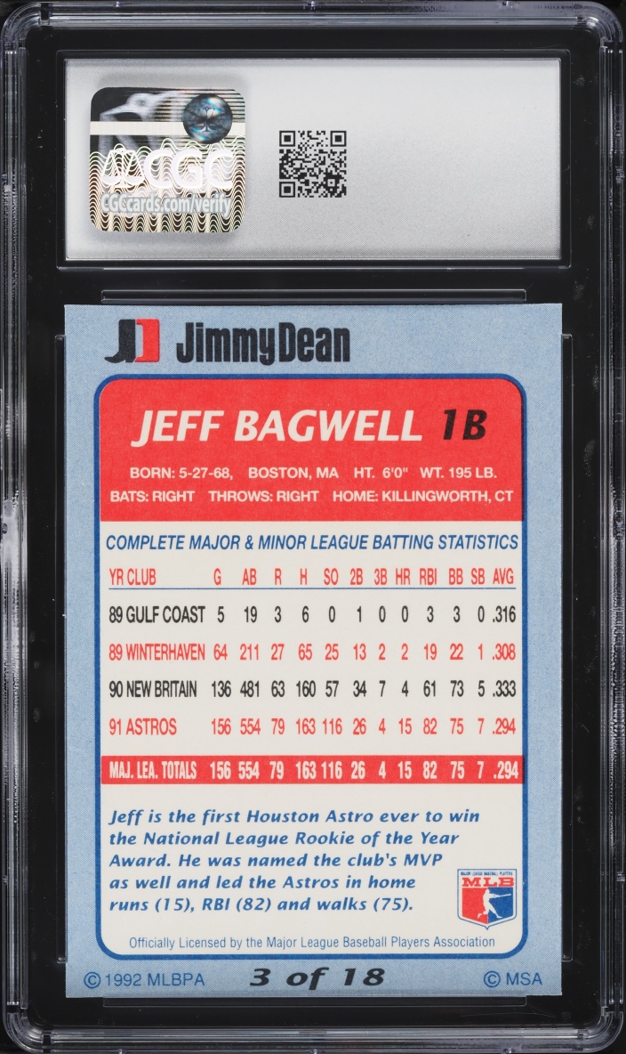 1992 Jimmy Dean Jeff Bagwell #3 CGC 9 MINT