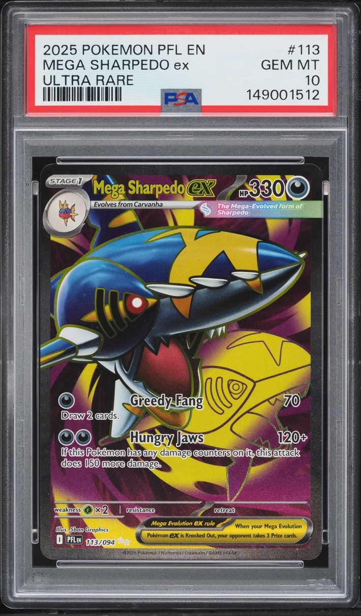 2025 Pokemon Mega Evolution Phantasmal Flames Full Art Mega Sharpedo EX #113 PSA 10 GEM MINT