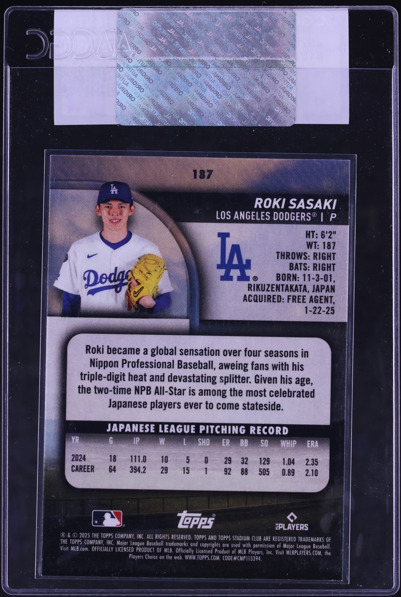2025 Stadium Club Roki Sasaki ROOKIE #187 CGC AUTH