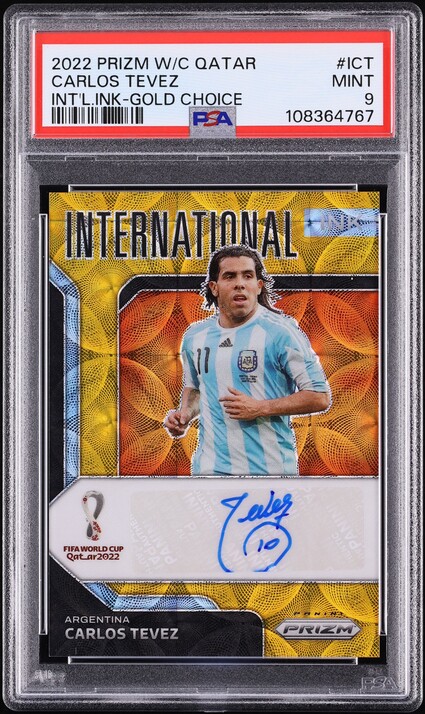 2022 Panini Prizm World Cup International Ink Gold Choice Carlos Tevez AUTO /10 #ICT PSA 9 MINT
