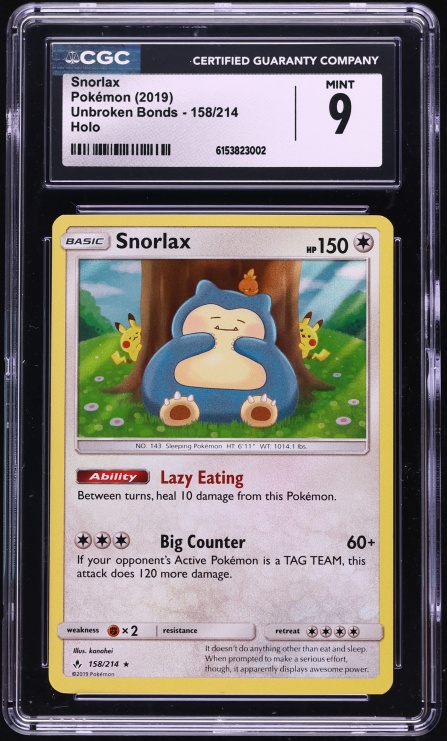 2019 Pokemon Sun & Moon Unbroken Bonds Holo Snorlax #158 CGC 9 MINT
