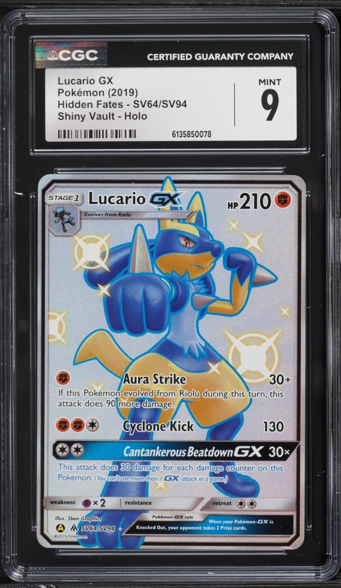 2019 Pokemon Sun & Moon Hidden Fates Vault Full Art Shiny Lucario GX #SV64 CGC 9 MINT