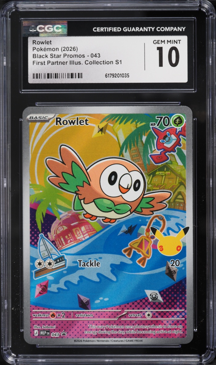 2026 Pokemon Mega Evolution Promo First Partner Illustration S1 Full Art Rowlet #43 CGC 10 GEM