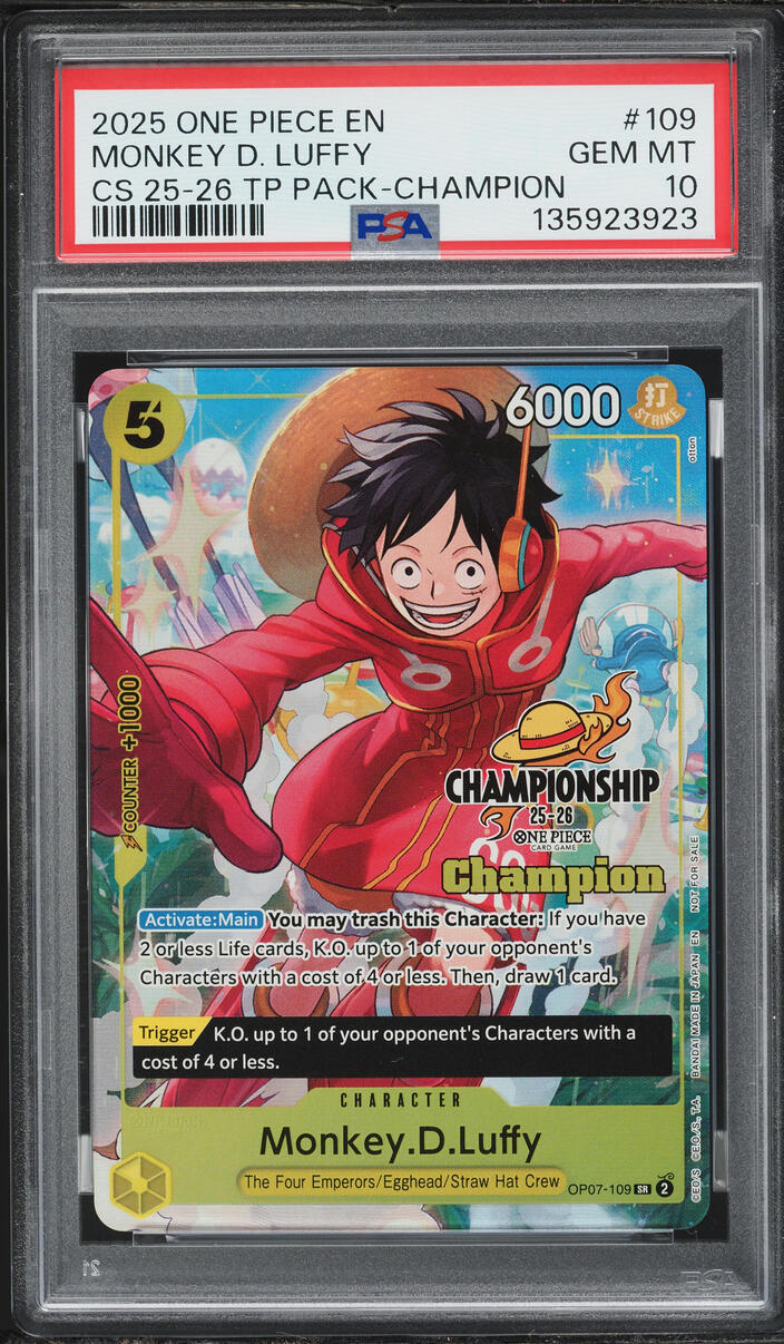 2025 One Piece Championship Top Player Pack Champion SR Monkey D. Luffy #OP07-109 PSA 10 GEM