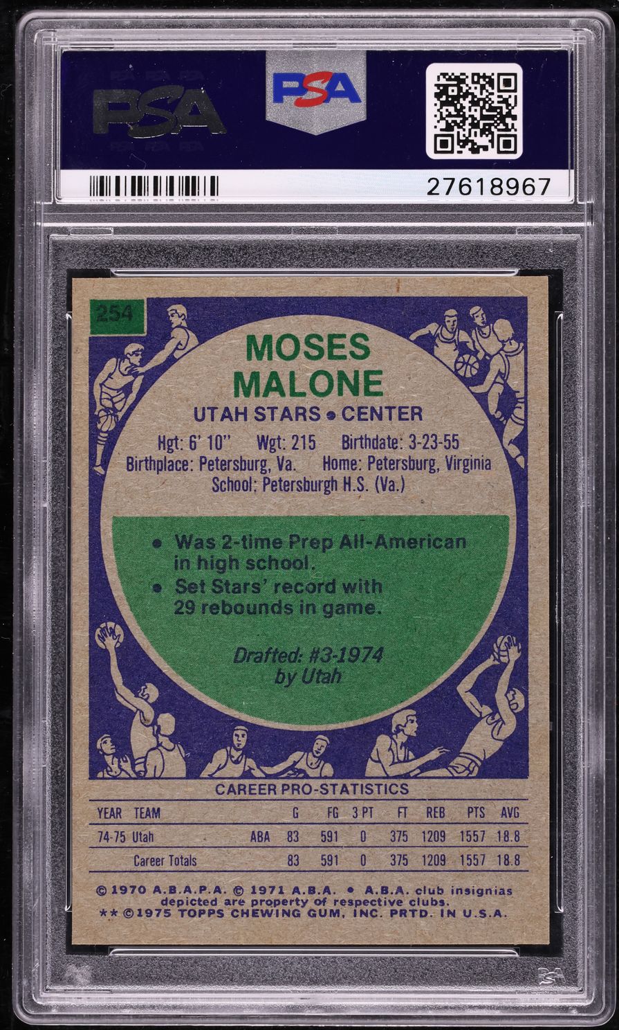 1975 Topps Basketball Moses Malone ROOKIE #254 PSA 10 GEM MINT
