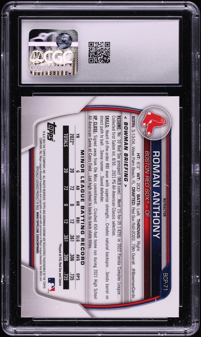 2023 Bowman Chrome Lunar Glow Refractor Roman Anthony PROSPECT #BCP-71 CGC 9 MINT