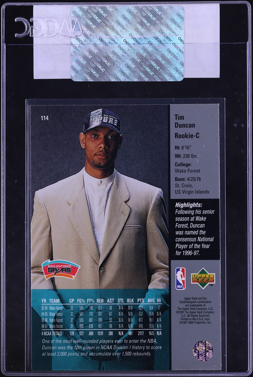 1997 Upper Deck Basketball Tim Duncan ROOKIE #114 CGC AUTH