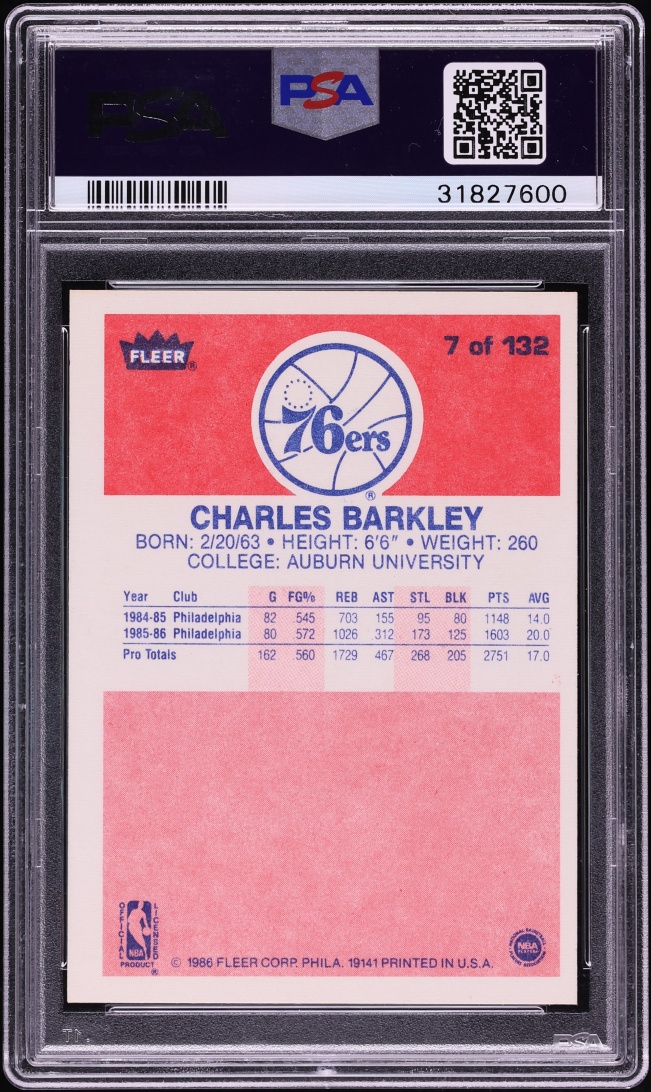 1986 Fleer Basketball Charles Barkley ROOKIE #7 PSA 9 MINT