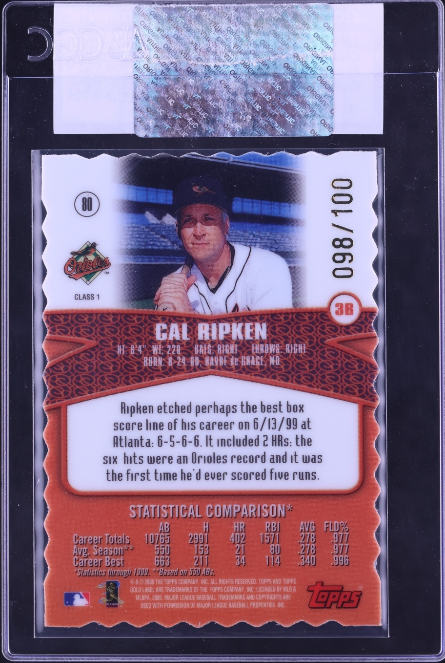 2000 Topps Gold Label Class 1 GOLD Cal Ripken Jr. /100 #80 CGC AUTH
