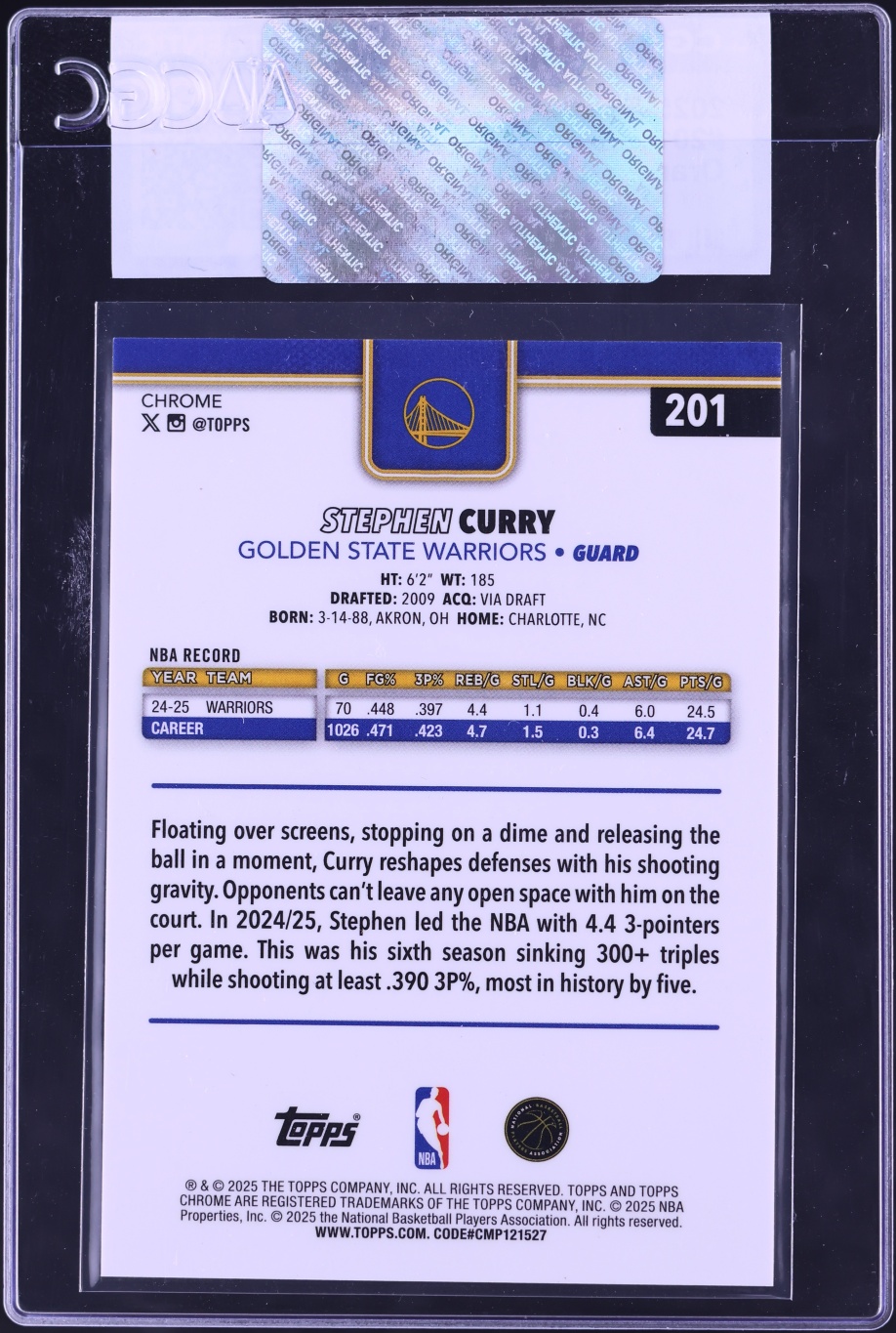 2025 Topps Chrome Orange Refractor Stephen Curry /25 #201 CGC AUTH