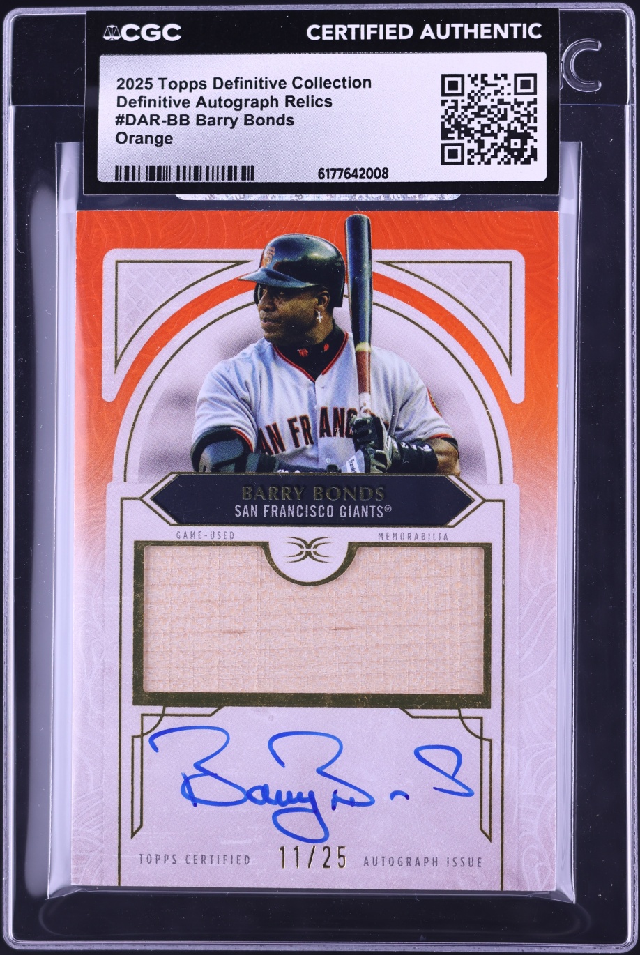 2025 Topps Definitive Collection Orange Barry Bonds RELIC AUTO /25 #DAR-BB CGC AUTH