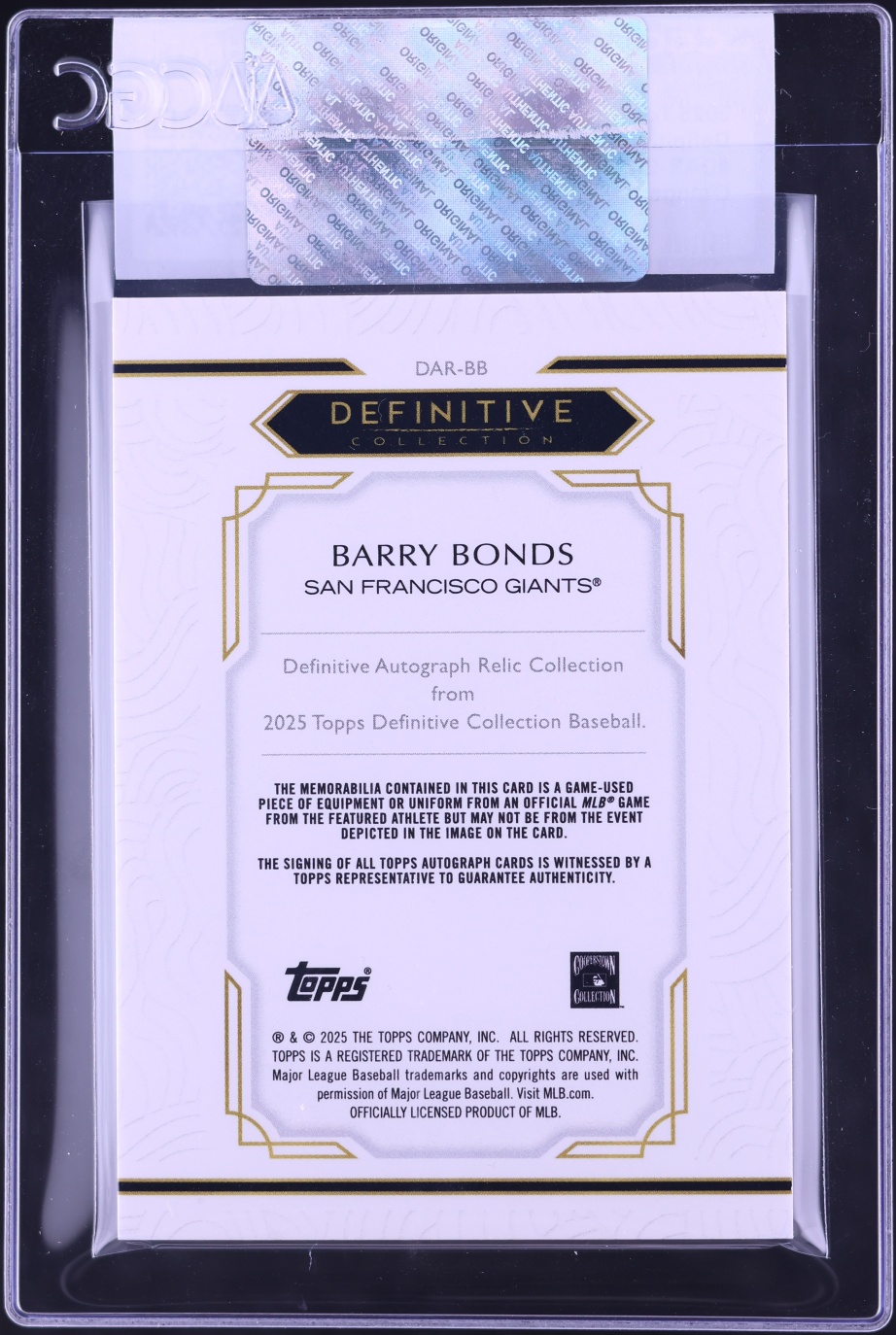 2025 Topps Definitive Collection Orange Barry Bonds RELIC AUTO /25 #DAR-BB CGC AUTH