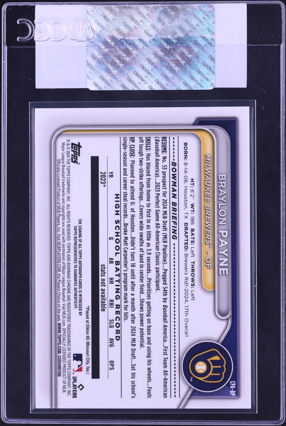 2024 Bowman Chrome Draft Braylon Payne PROSPECT AUTO #CPA-BP CGC AUTH