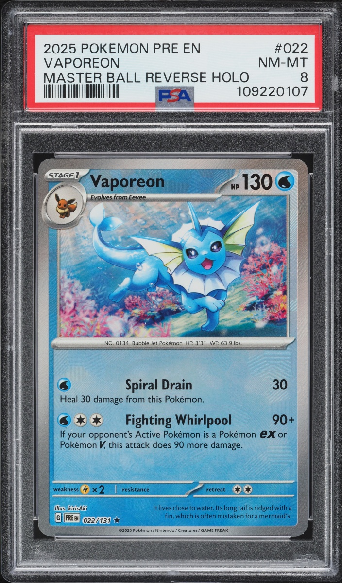2025 Pokemon Scarlet & Violet Prismatic Evolutions Master Ball Reverse Holo Vaporeon #22 PSA 8