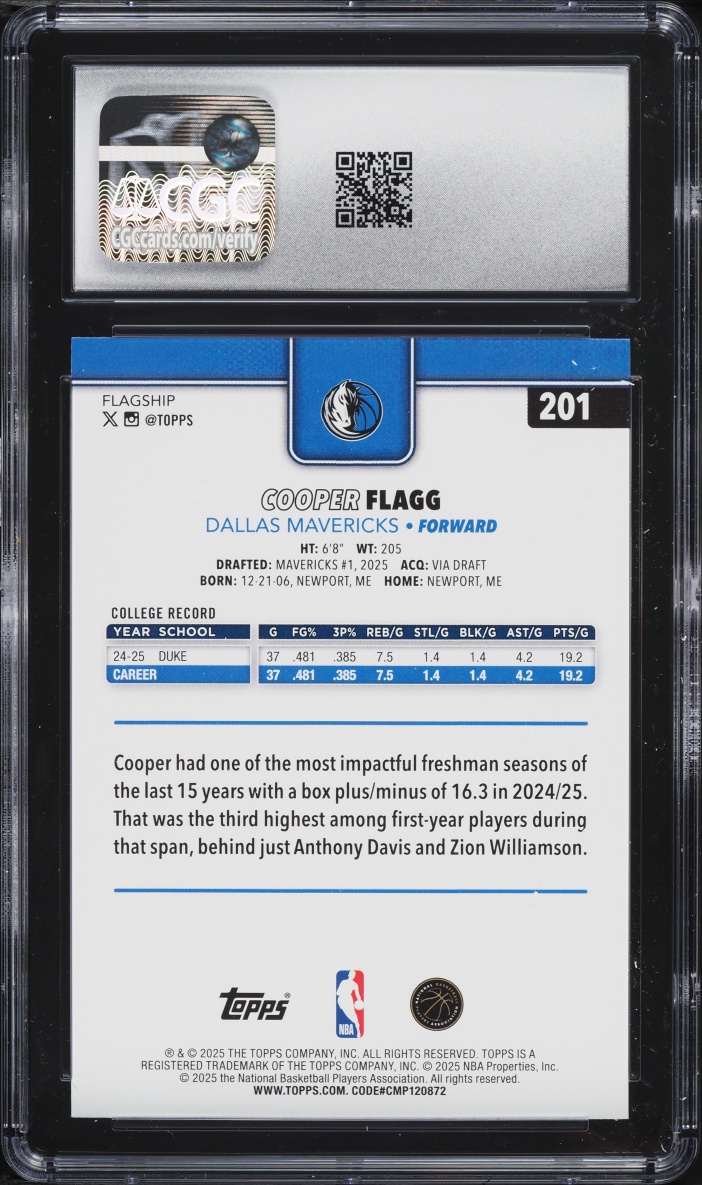 2025 Topps Basketball Cooper Flagg ROOKIE #201 CGC 9.5 MINT+