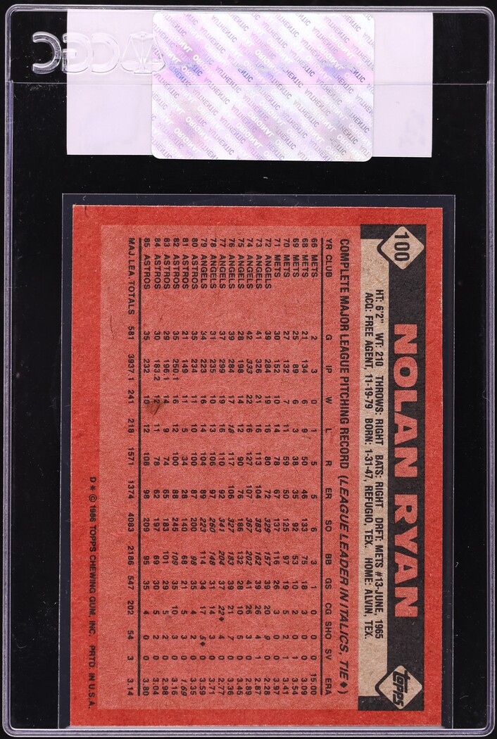 1986 Topps Nolan Ryan #100 CGC AUTH