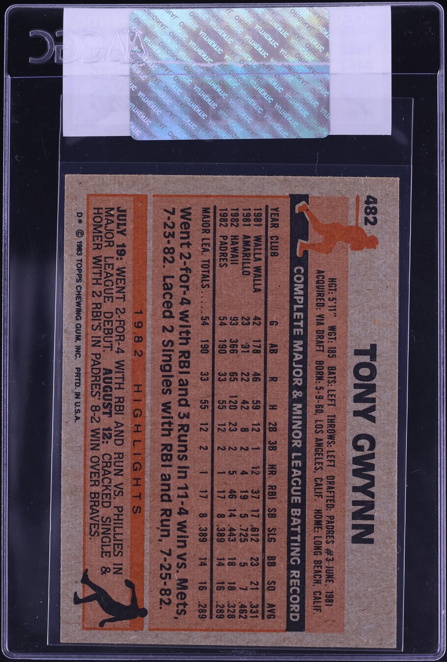 1983 Topps Tony Gwynn ROOKIE #482 CGC AUTH
