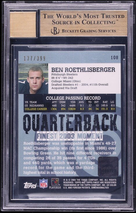 2004 Finest Football Ben Roethlisberger ROOKIE AUTO /399 #108 BGS 9.5 GEM MINT
