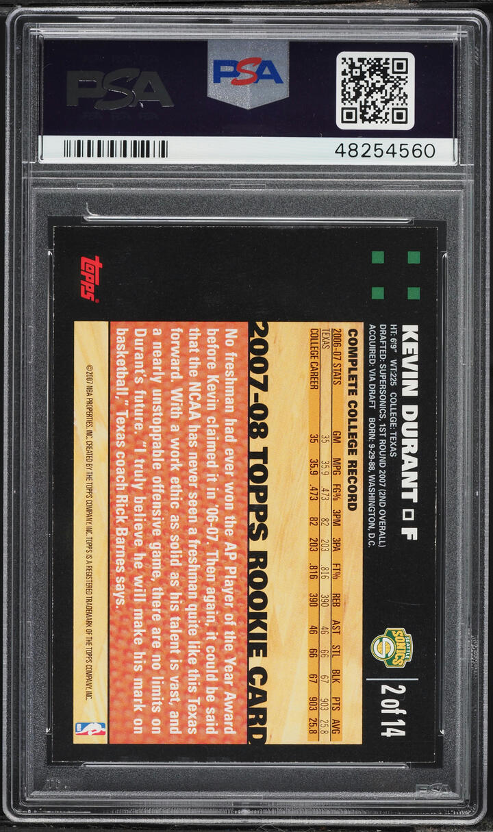 2007 Topps Orange Kevin Durant ROOKIE #2 PSA 10 GEM MINT
