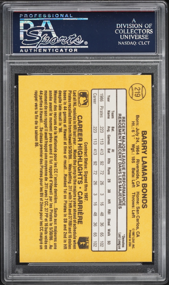 1987 Leaf Barry Bonds ROOKIE #219 PSA 10 GEM MINT
