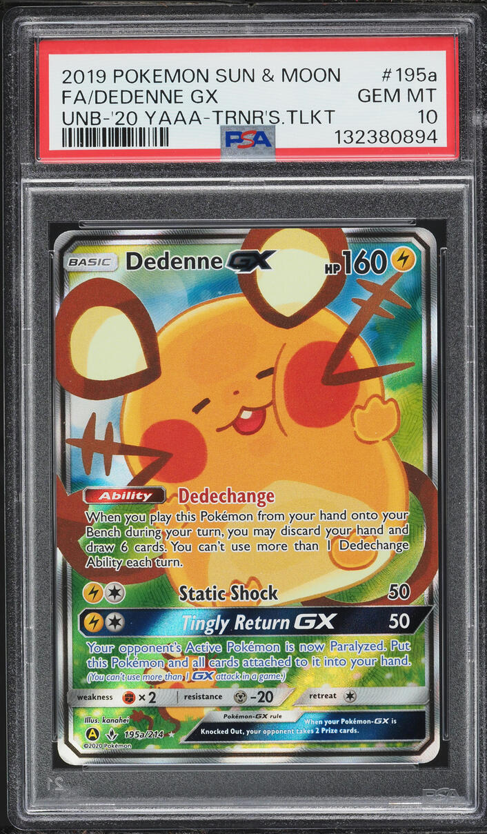 2020 Pokemon Sun & Moon Unbroken Bonds Trainer's Toolkit Full Art Dedenne GX #195a PSA 10 GEM
