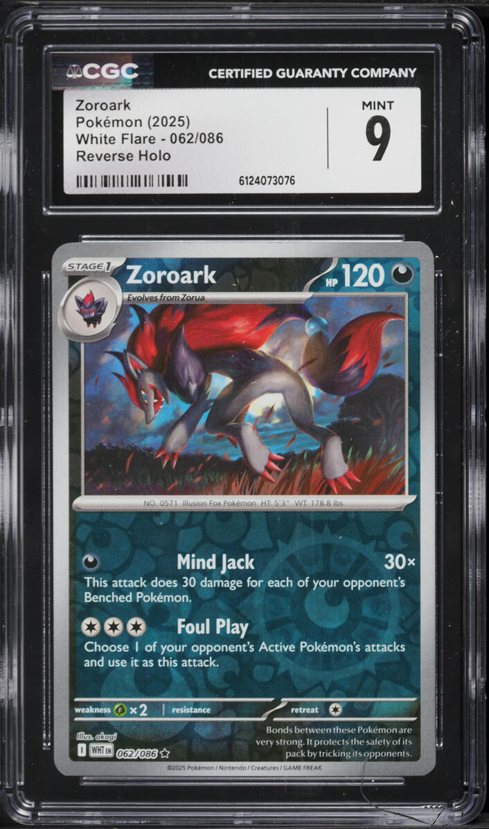 2025 Pokemon Scarlet & Violet White Flare Reverse Holo Zoroark #062 CGC 9 MINT