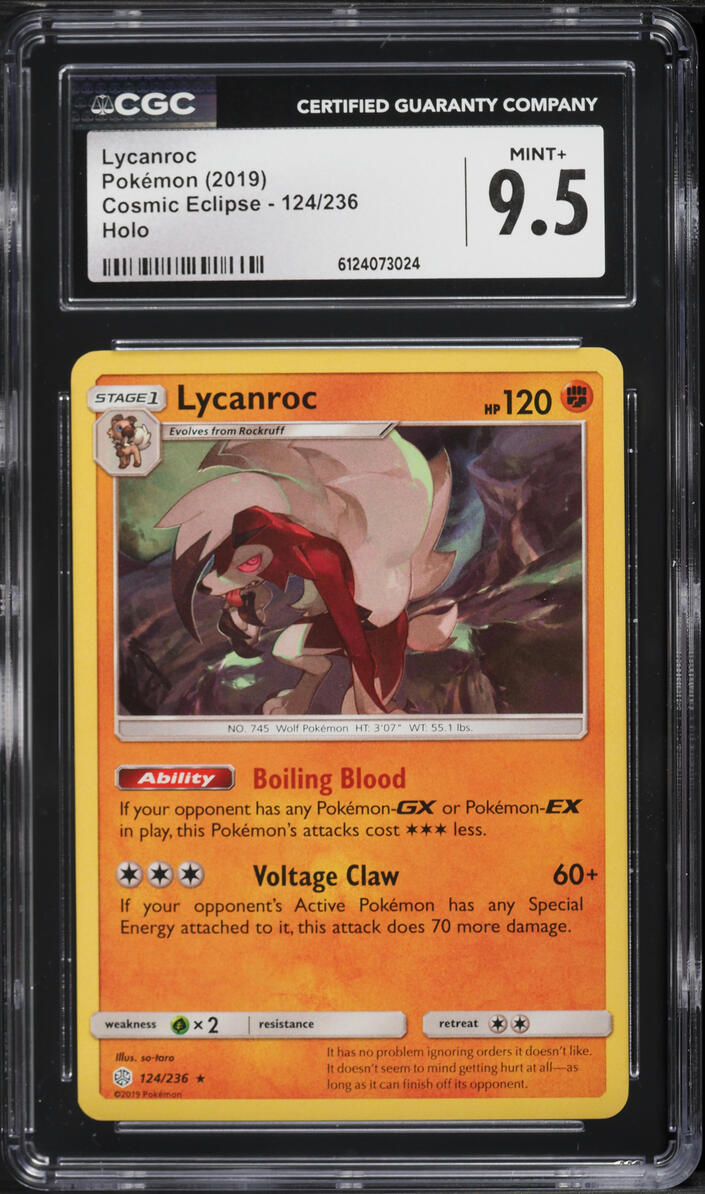 2019 Pokemon Sun & Moon Cosmic Eclipse Holo Lycanroc #124 CGC 9.5 MINT+