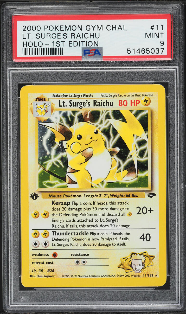 2000 Pokemon Gym Challenge 1st Edition Holo Lt Surge's Raichu #11 PSA 9 MINT