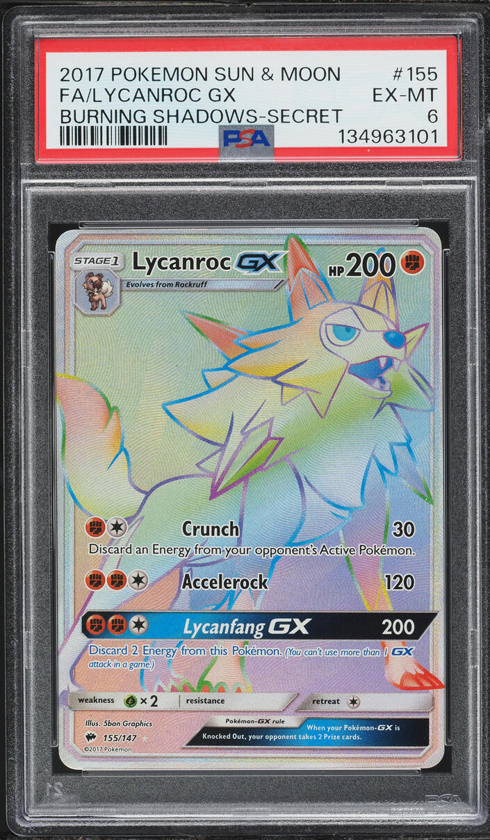 2017 Pokemon Sun & Moon Burning Shadows Rainbow Rare Lycanroc GX #155 PSA 6 EXMT