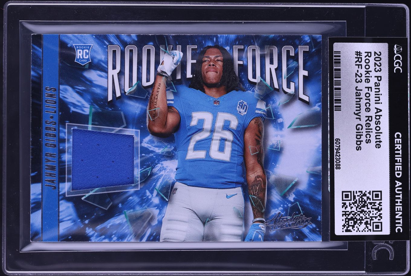 2023 Absolute Force Jahmyr Gibbs ROOKIE PATCH #RF-23 CGC AUTH